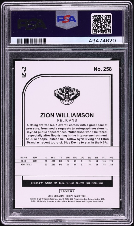 2019 Hoops Zion Williamson ROOKIE #258 PSA 10 GEM MINT