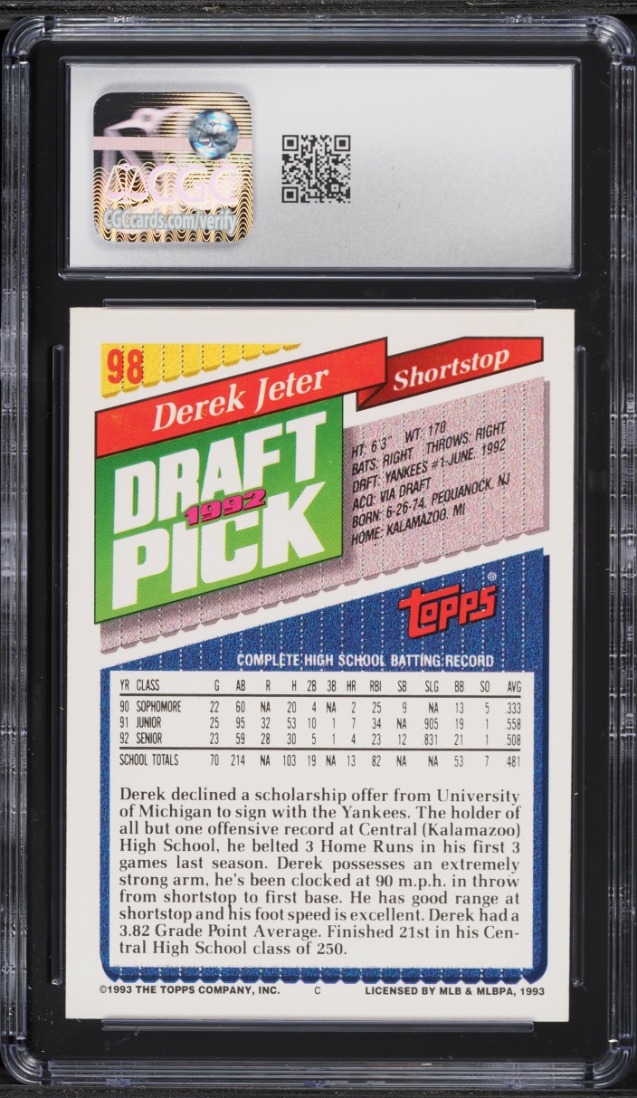 1993 Topps Derek Jeter ROOKIE #98 CGC 6 EXMT