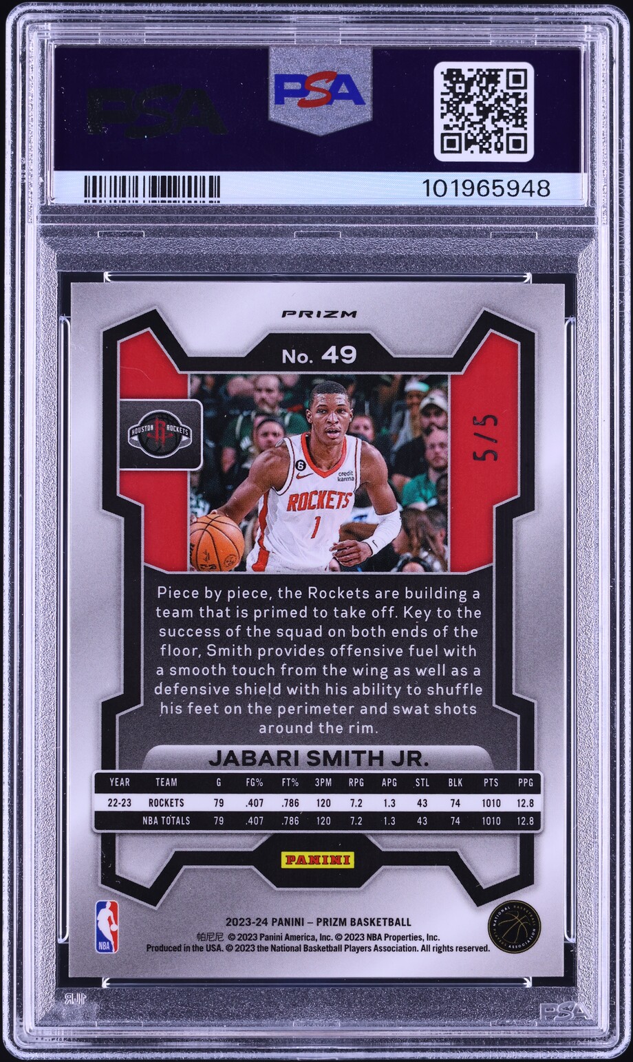 2023 Panini Prizm Neon Green Fast Break Jabari Smith Jr. 5/5 #49 PSA 10 GEM MINT