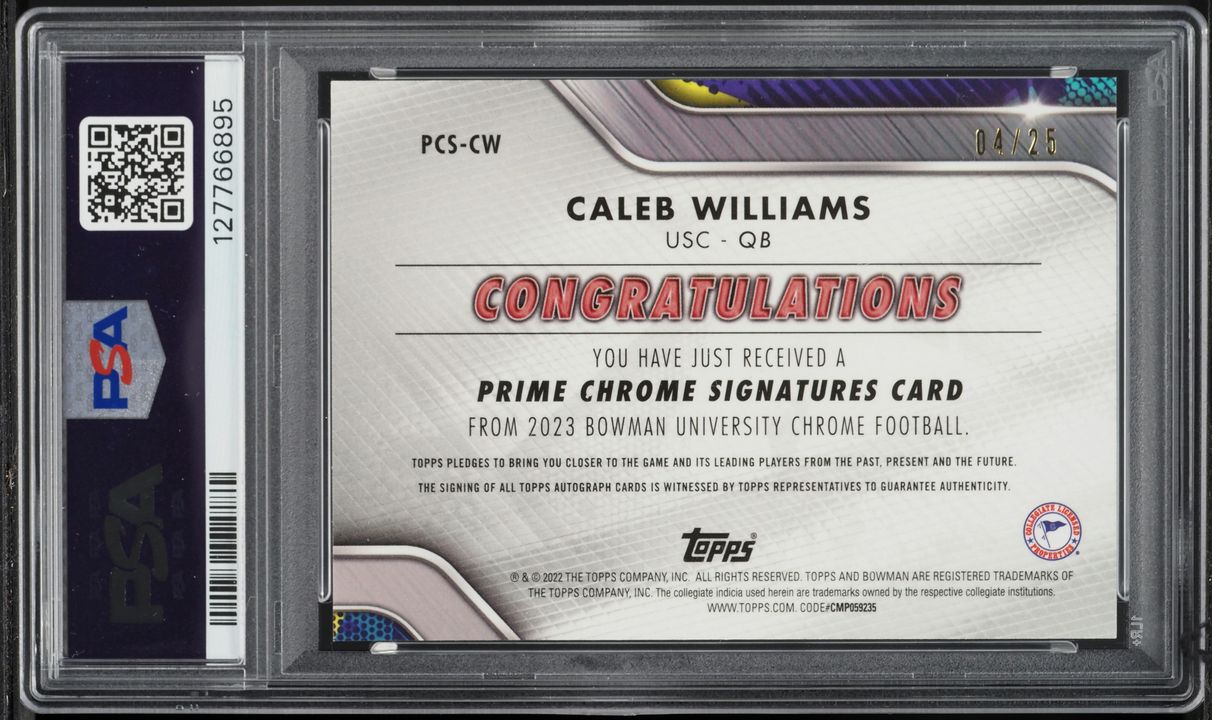 2022 Bowman Chrome University Prime Orange Refractor Caleb Williams ROOKIE AUTO /25 PSA 10 GEM - Photo 2