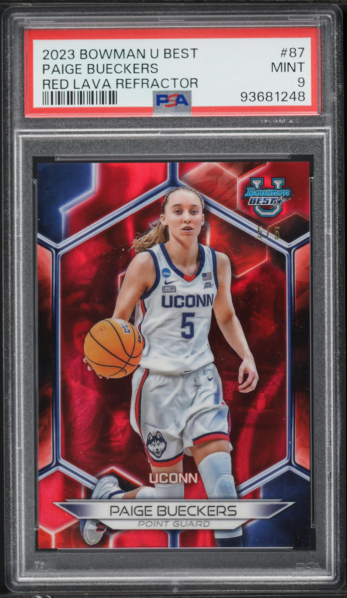 2023 Bowman University Best Red Lava Refractor Paige Bueckers ROOKIE JSY # 5/5 #87 PSA 9 MINT - Photo 1