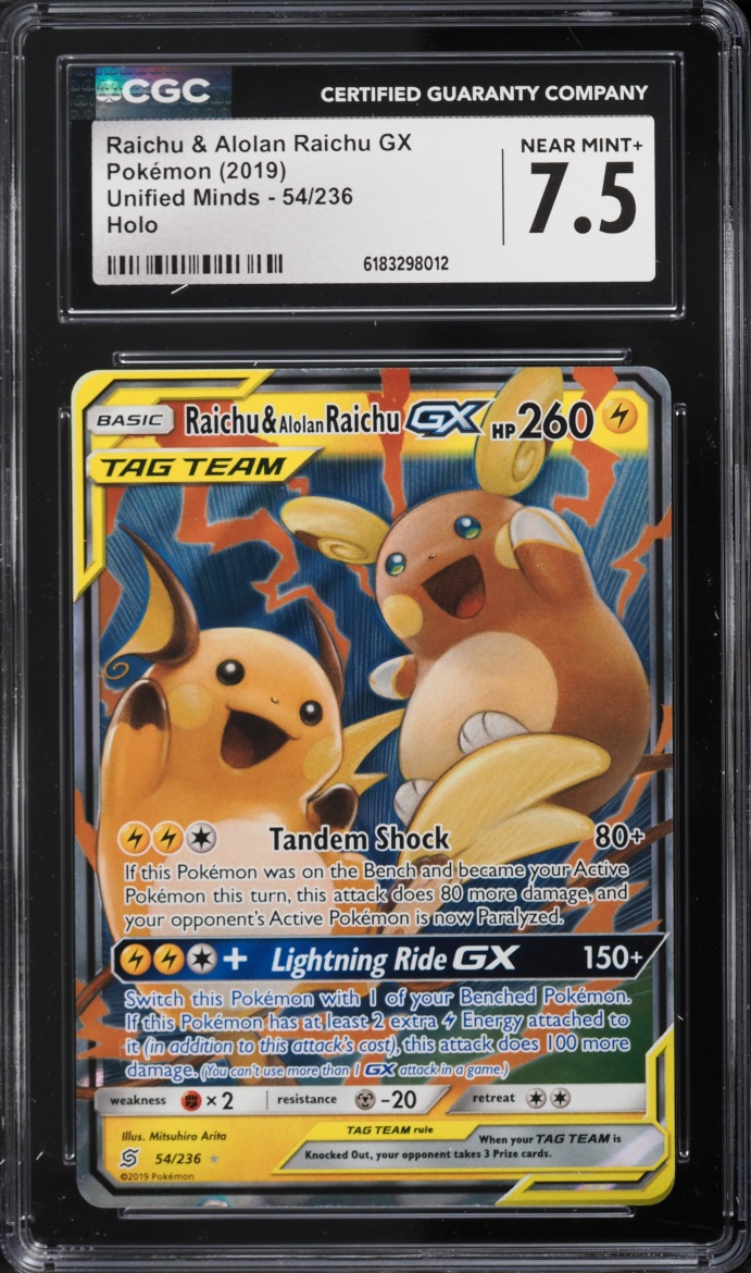 2019 Pokemon Sun & Moon Unified Minds Holo Raichu & Alolan Raichu GX #54 CGC 7.5 NRMT+