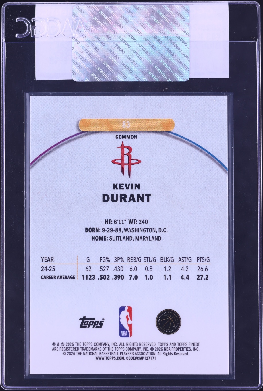 2025 Finest Blue Xfractor Kevin Durant /99 #83 CGC AUTH