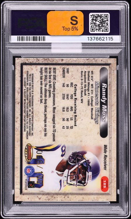 1998 Bowman's Best Atomic Refractor Randy Moss ROOKIE /100 #109 MBA PSA 10 GEM MINT