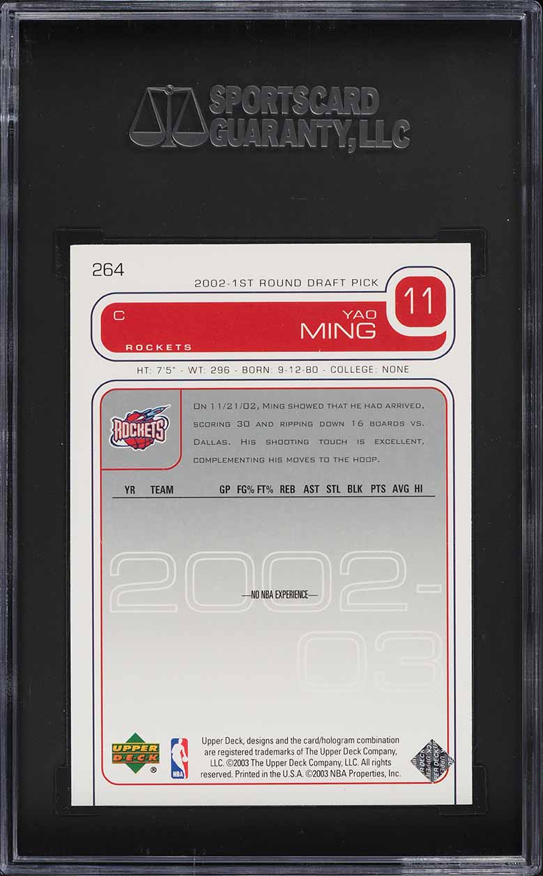 2002 Upper Deck Basketball Yao Ming ROOKIE #264 SGC 7 NRMT