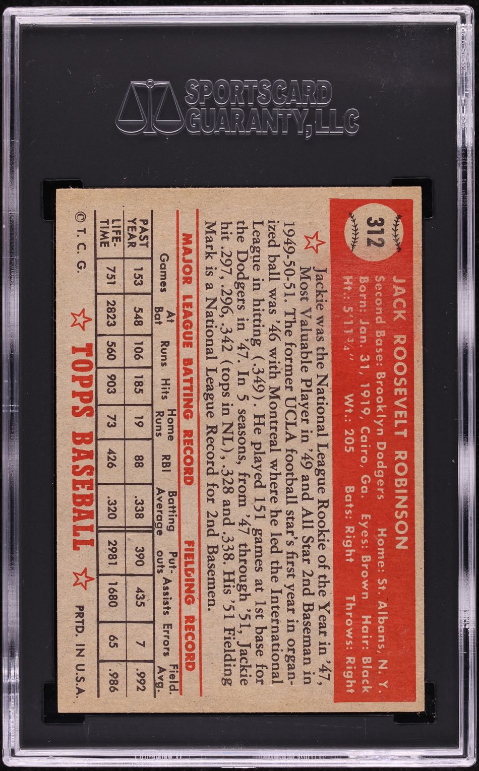1952 Topps Jackie Robinson #312 SGC 7 NRMT