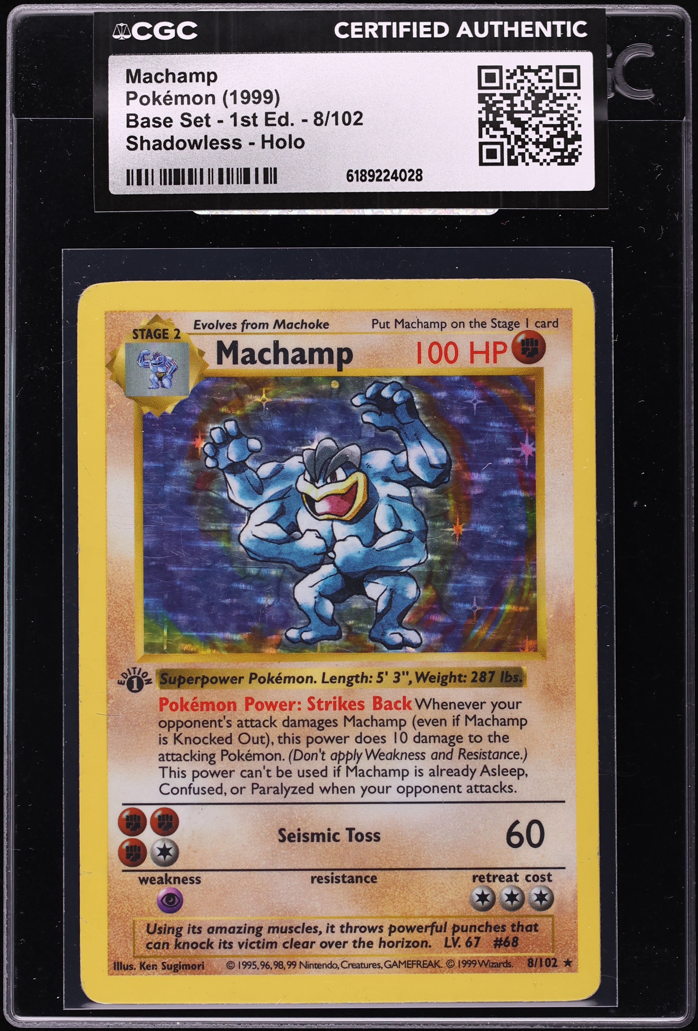 1999 Pokemon Base Set Shadowless 1st Edition Holo Machamp #8 CGC AUTH