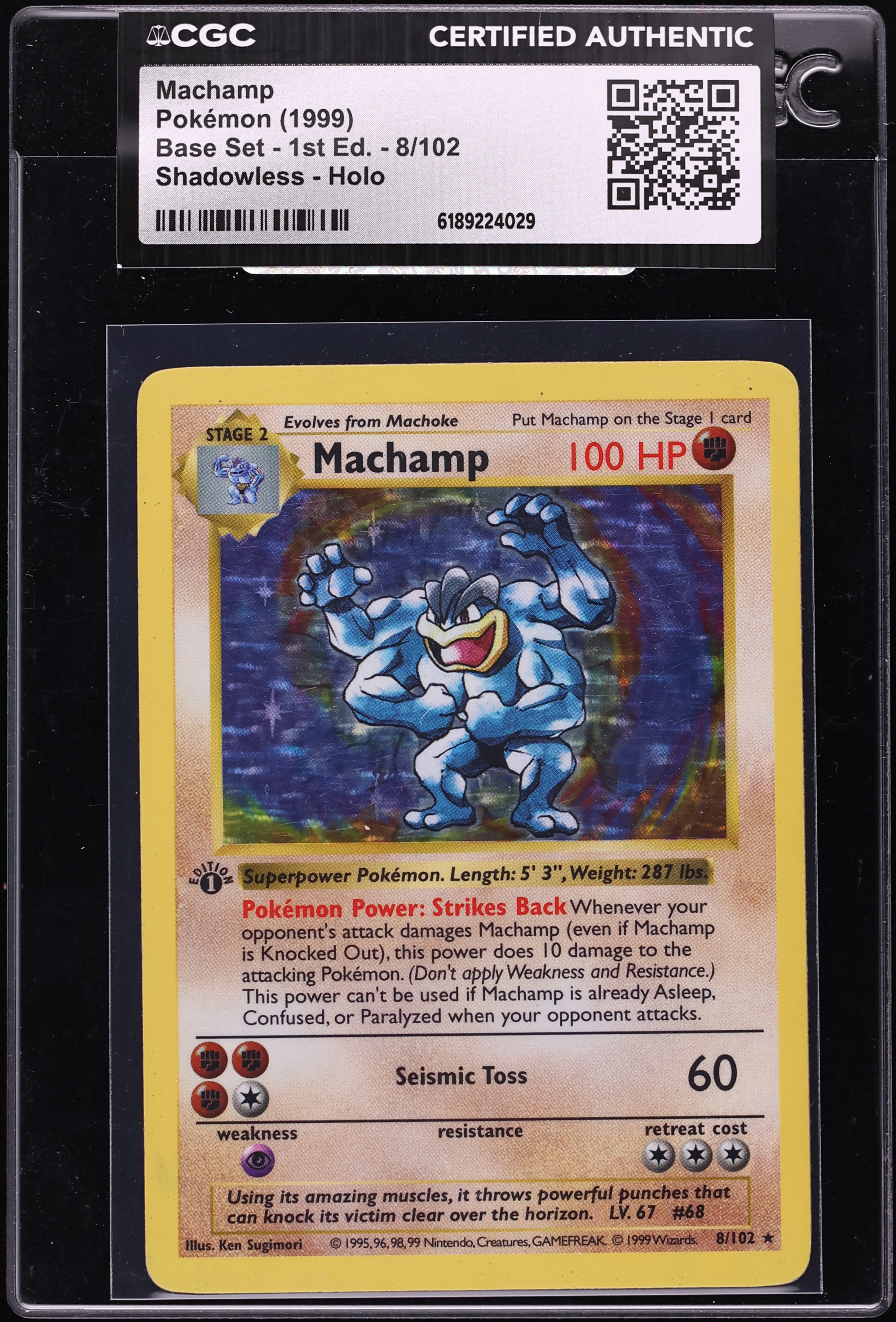 1999 Pokemon Base Set Shadowless 1st Edition Holo Machamp #8 CGC AUTH