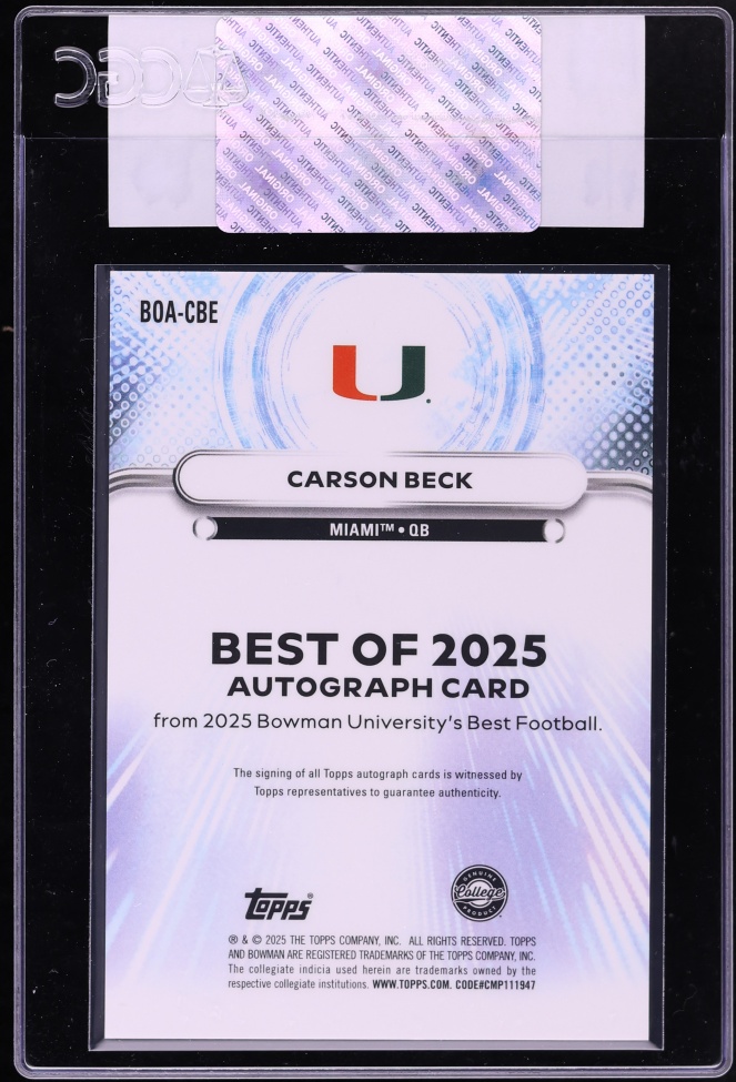 2025 Bowman University Best Carson Beck ROOKIE AUTO #BOA-CBE CGC AUTH