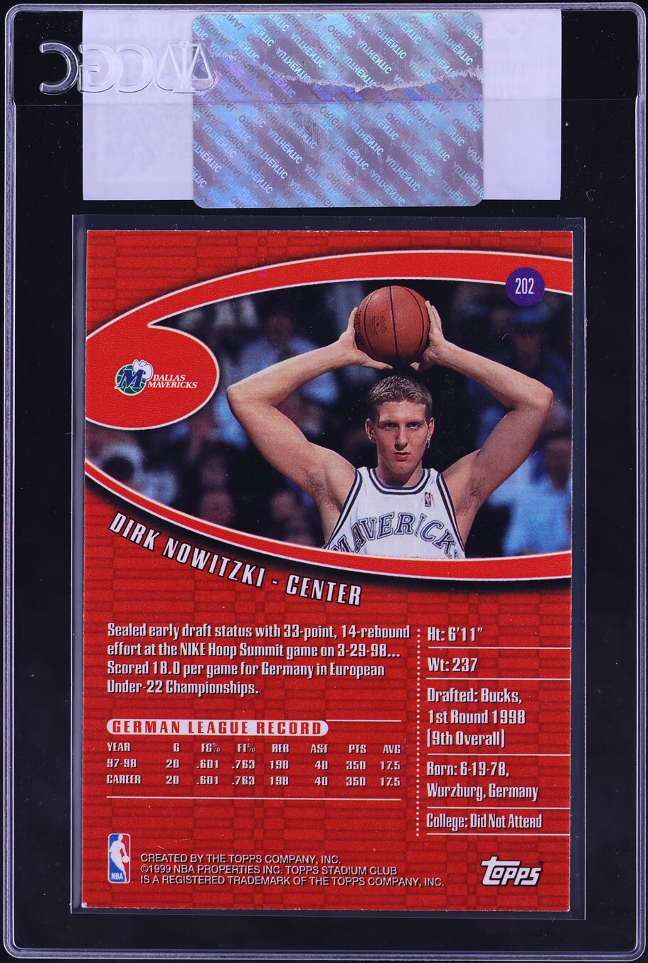1998 Stadium Club Dirk Nowitzki ROOKIE #202 CGC AUTH