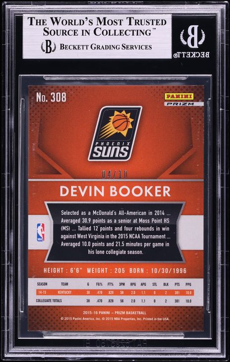 2015 Panini Prizm Gold Devin Booker ROOKIE /10 #308 BGS 9 MINT