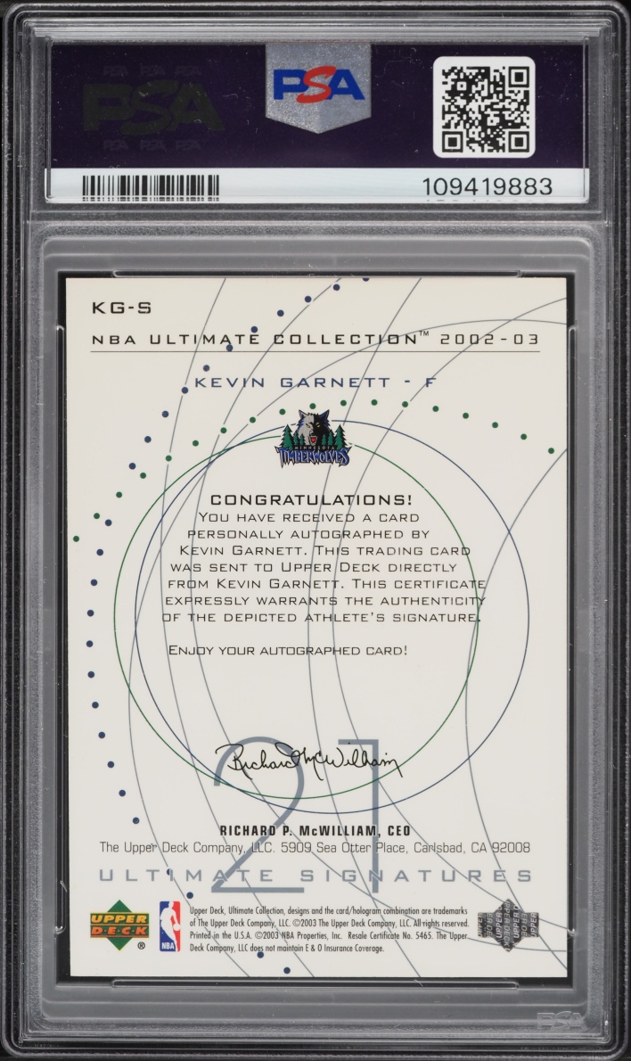 2002 Ultimate Collection Kevin Garnett AUTO #KG-S PSA 8 NM-MT - Photo 2
