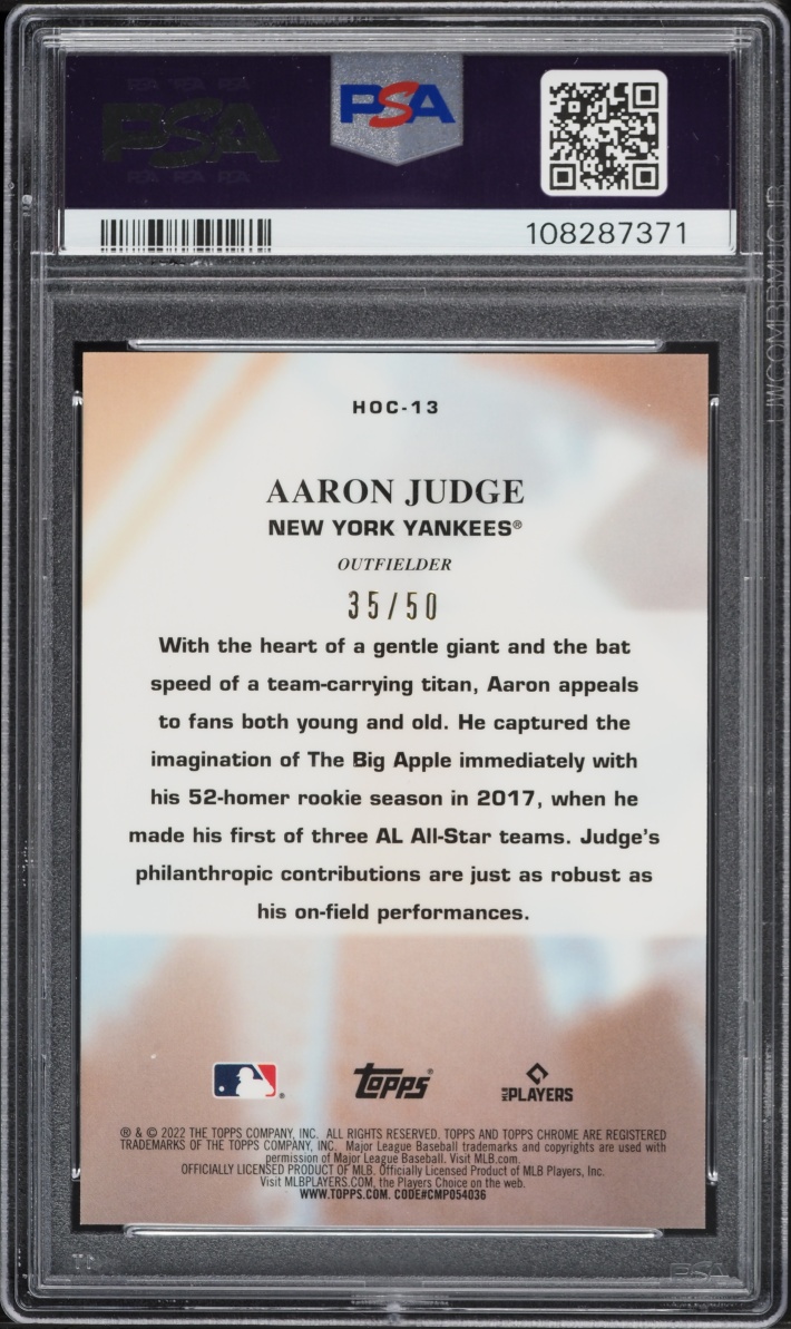 2022 Topps Chrome Heart Of The City Gold Refractor Aaron Judge /50 #HOC-13 PSA 10 GEM MINT - Photo 2