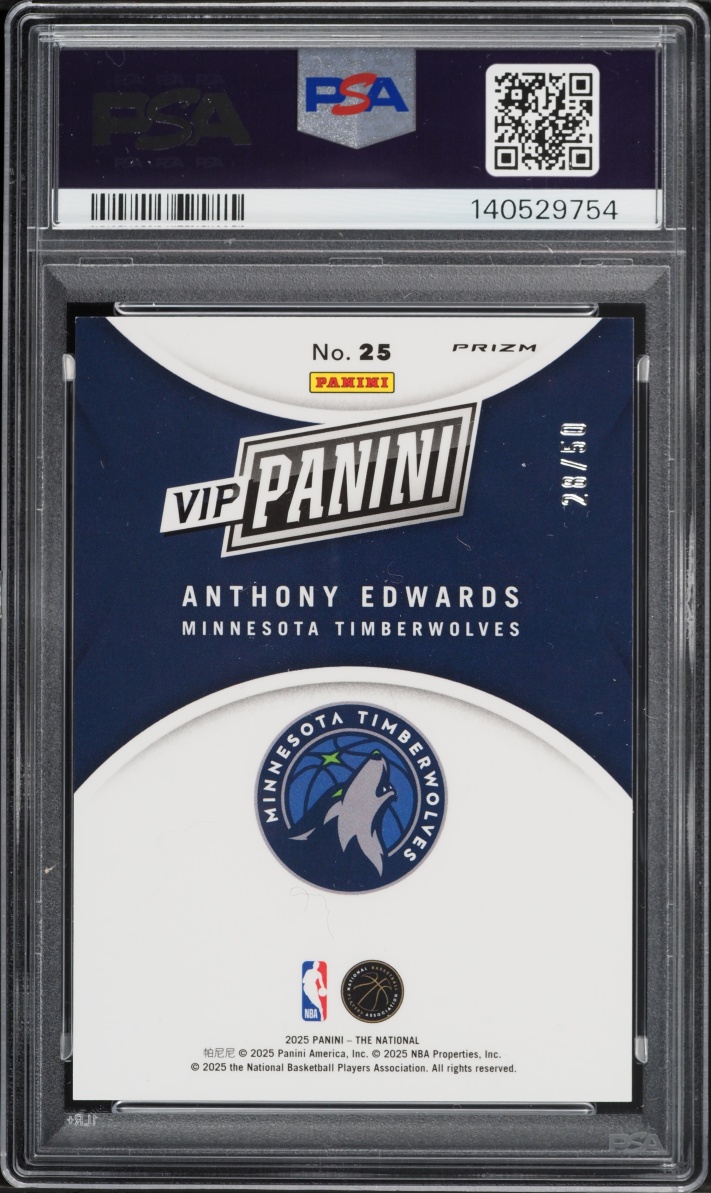 2025 Panini NSCC VIP Gold Purple Sparkle Anthony Edwards /50 #25 PSA 10 GEM MINT - Photo 2