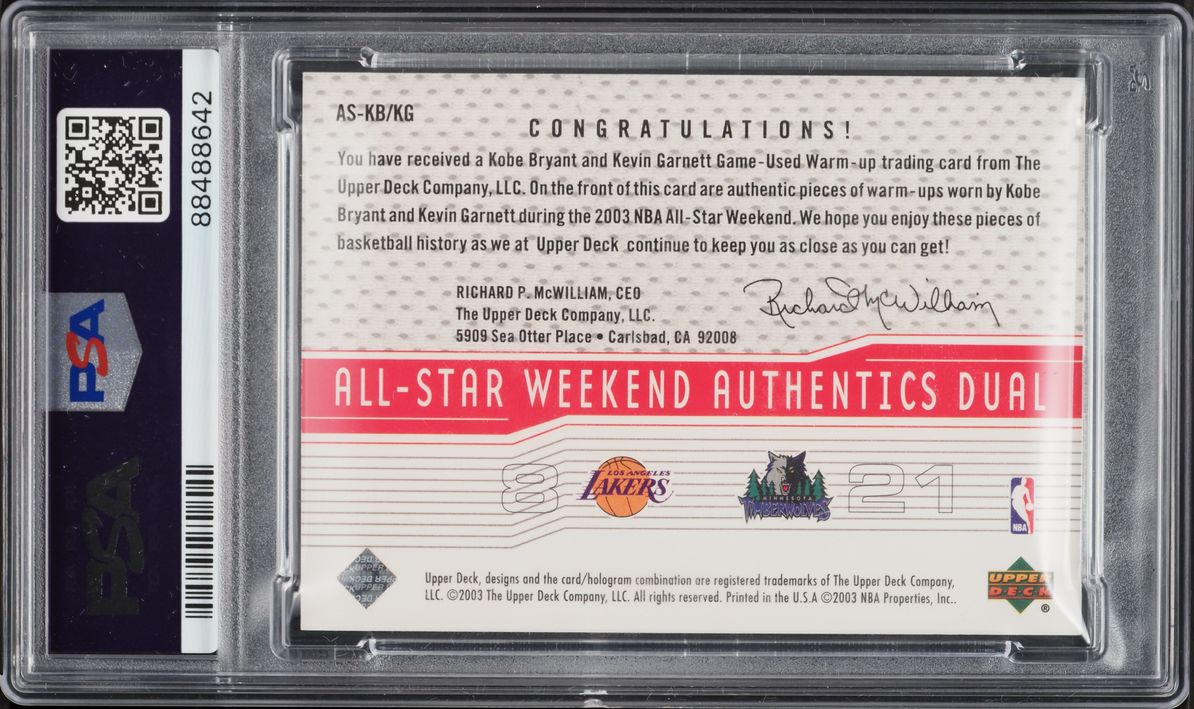 2003 Upper Deck All-Star Weekend Kobe Bryant Kevin Garnett PATCH #AS-KB/KG PSA 10 GEM MINT - Photo 2