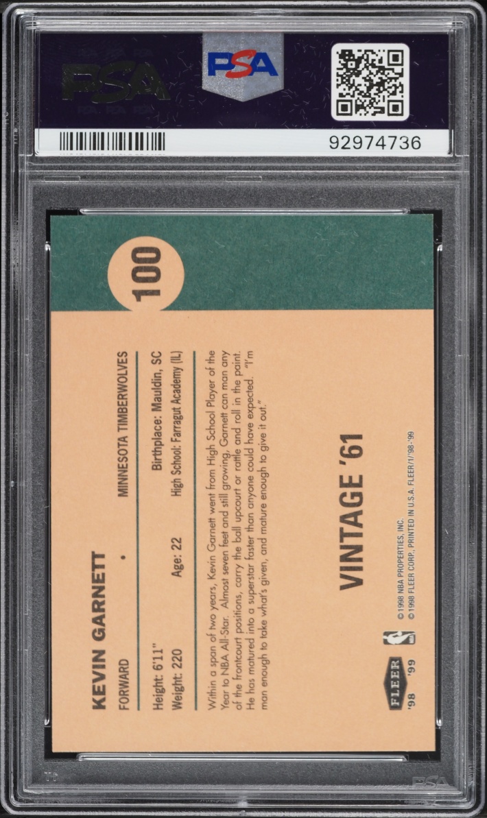 1998 Fleer Tradition Vintage '61 Kevin Garnett #100 PSA 10 GEM MINT - Photo 2