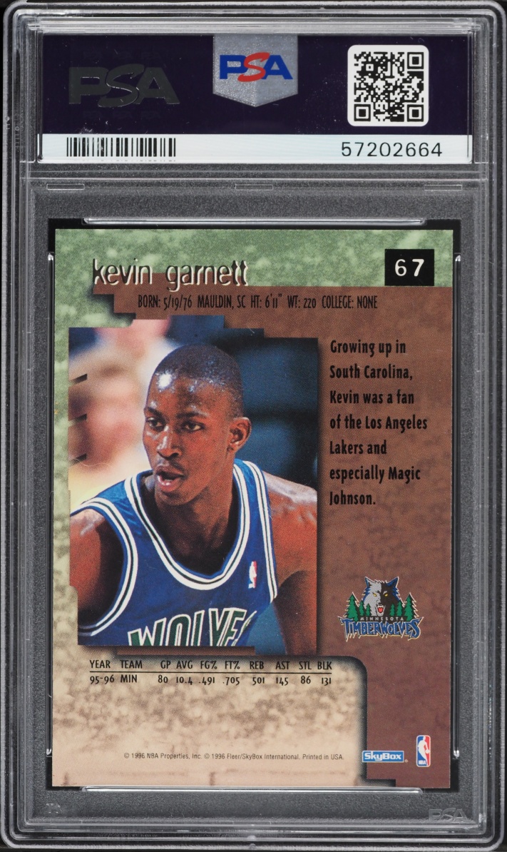 1996 Skybox Premium Kevin Garnett #67 PSA 10 GEM MINT - Photo 2