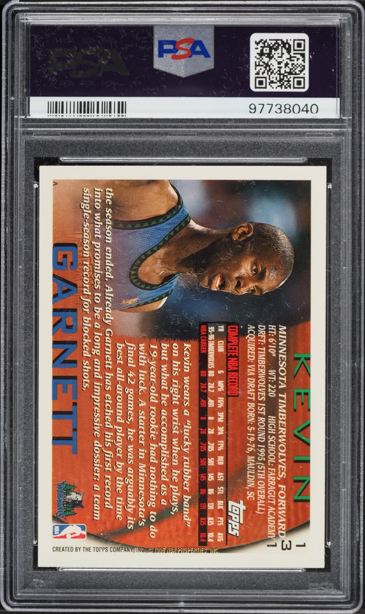 1996 Topps Basketball Kevin Garnett #131 PSA 10 GEM MINT - Photo 2