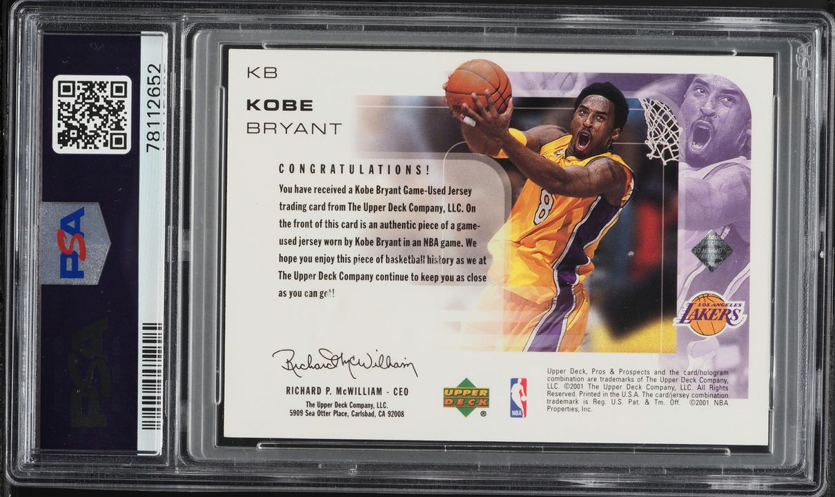 2001 Upper Deck Pros & Prospects Kobe Bryant GAME-USED PATCH #KB PSA 8 NM-MT