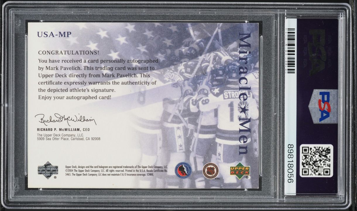 2004 Upper Deck Legendary Miracle Men Mark Pavelich AUTO PSA 8 NM-MT