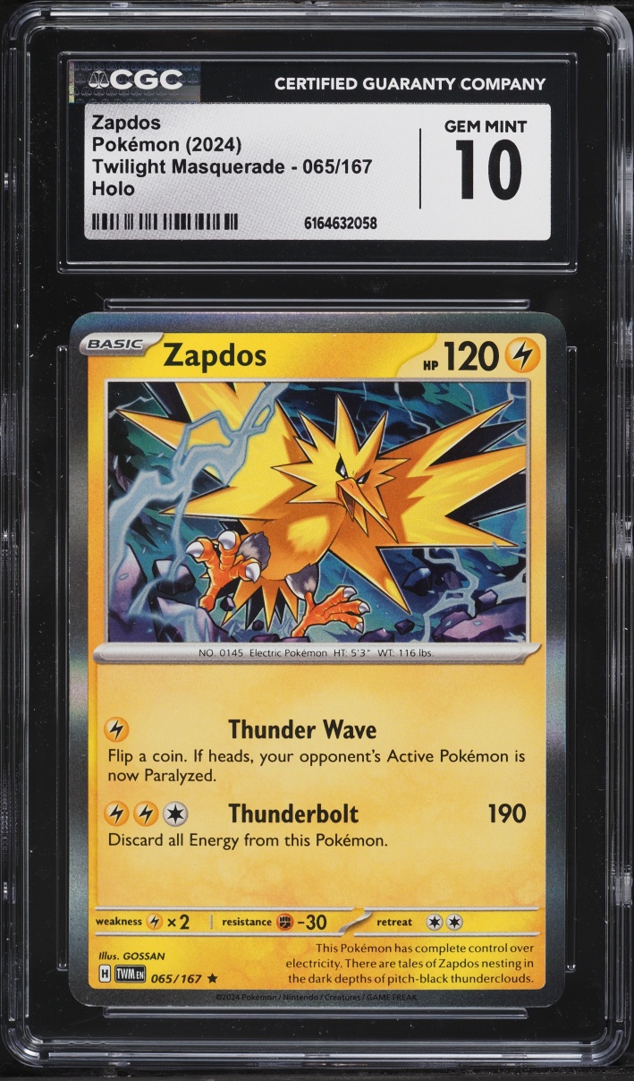2024 Pokemon Scarlet & Violet Twilight Masquerade Holo Zapdos #65 CGC 10 GEM MINT