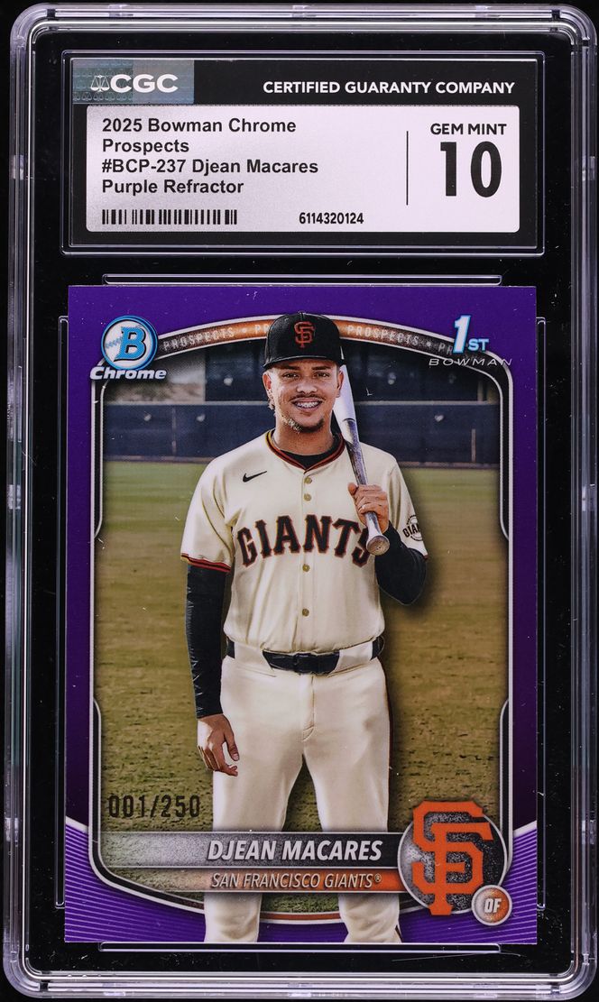 2025 Bowman Chrome Purple Refractor Djean Macares PROSPECT 1/250 #BCP-237 CGC 10 GEM MINT