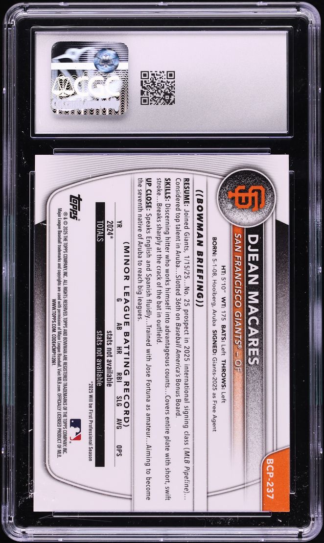2025 Bowman Chrome Purple Refractor Djean Macares PROSPECT 1/250 #BCP-237 CGC 10 GEM MINT