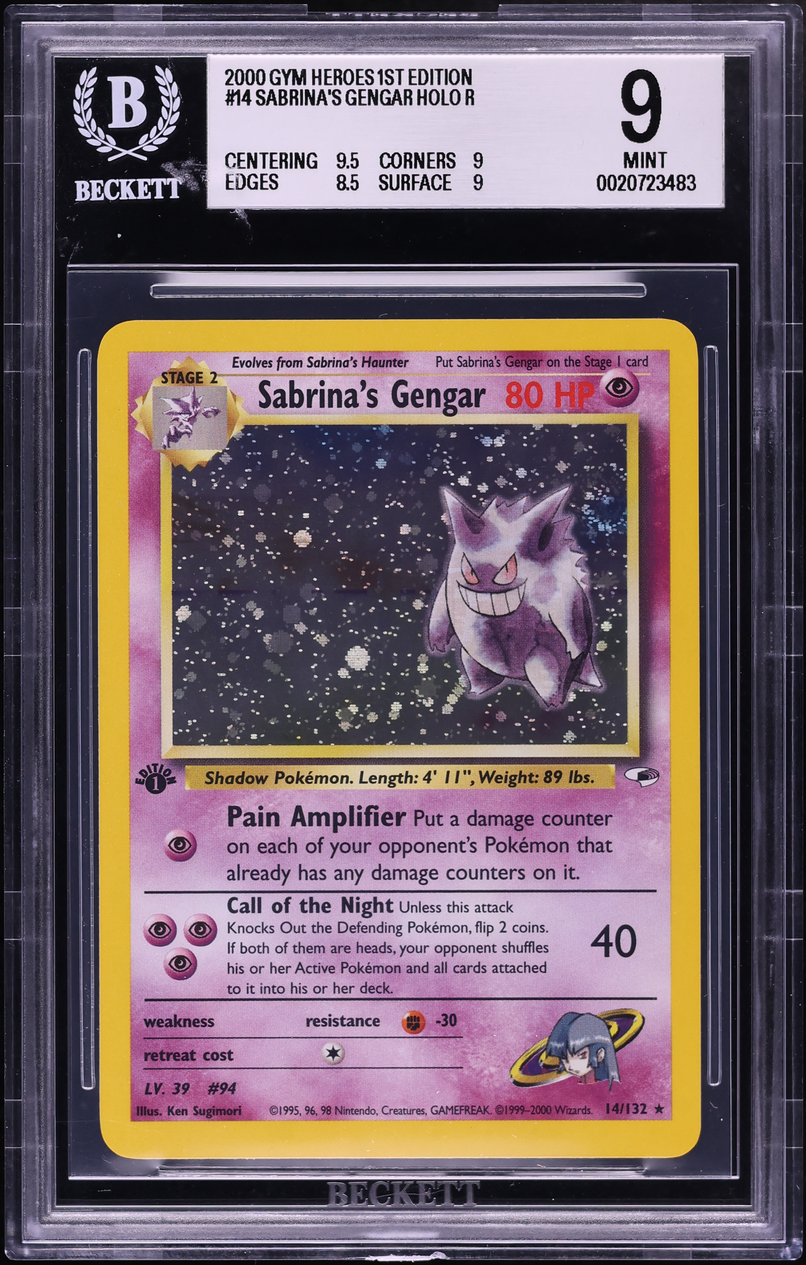 2000 Pokemon Gym Heroes 1st Edition Holo Sabrina's Gengar #14 BGS 9 MINT