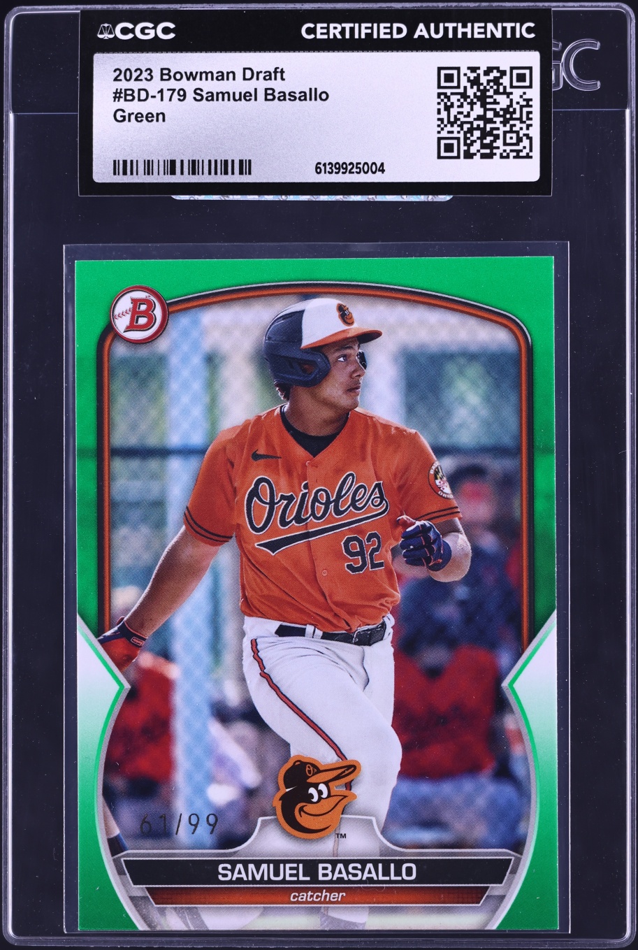 2023 Bowman Draft Green Samuel Basallo PROSPECT /99 #BD-179 CGC AUTH