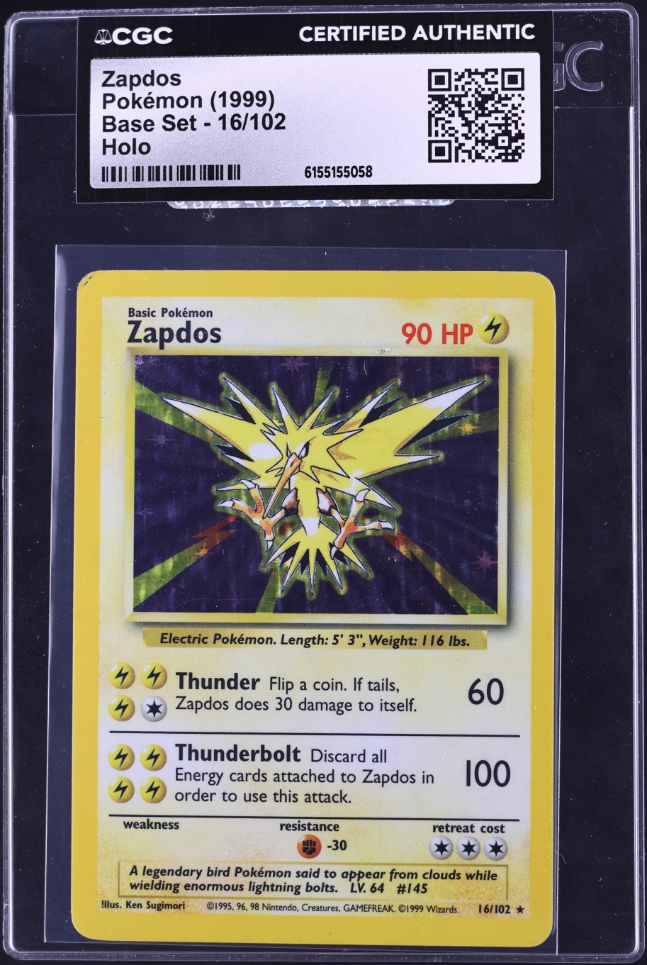1999 Pokemon Base Set Holo Zapdos #16 CGC AUTH