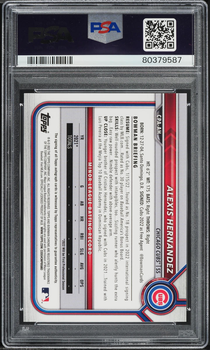 2022 Bowman Chrome Yellow Refractor Alexis Hernandez PROSPECT AUTO /75 PSA 9
