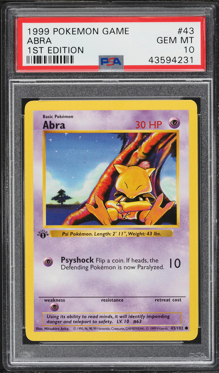 1999 Pokemon Base Set Shadowless 1st Edition Abra #43 PSA 10 GEM MINT