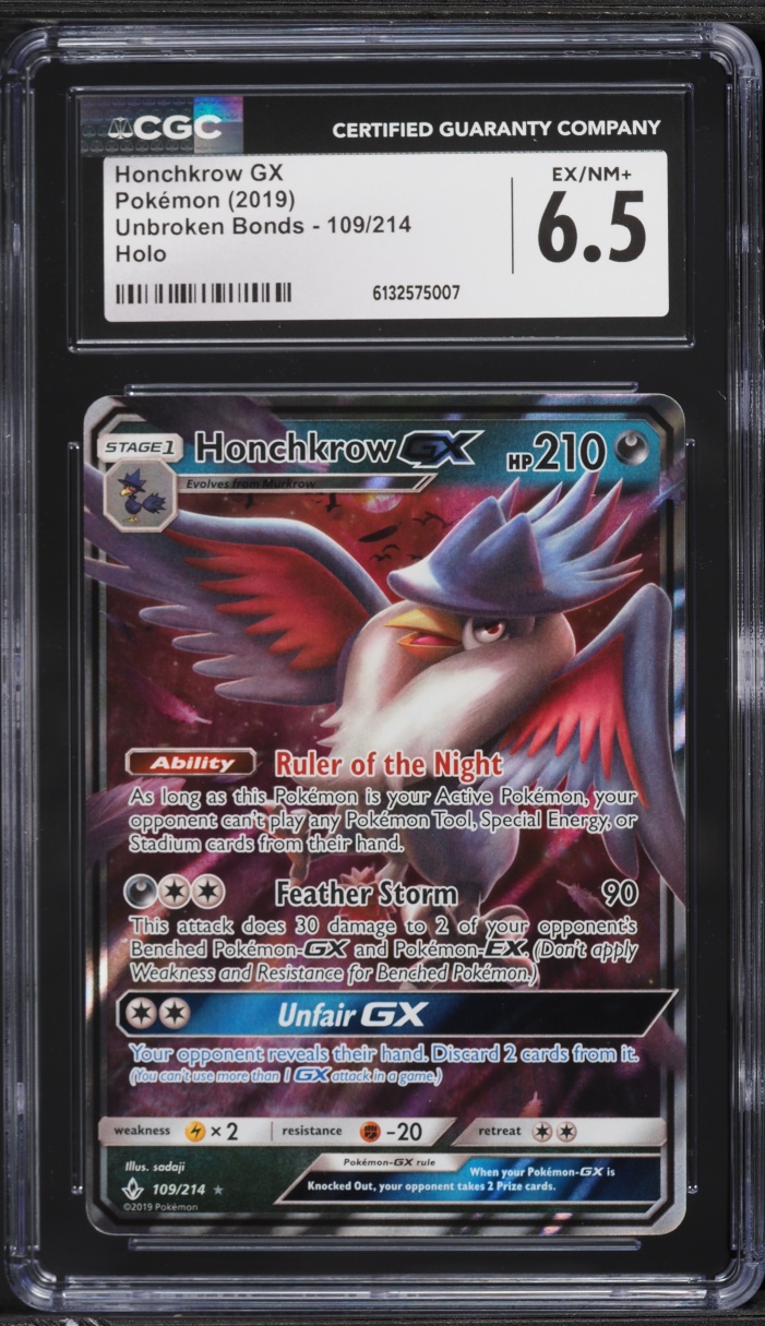 2019 Pokemon Sun & Moon Unbroken Bonds Holo Honchkrow GX #109 CGC 6.5 EXMT+
