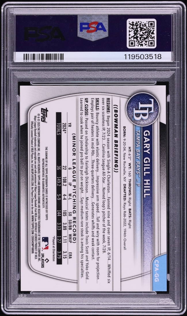2025 Bowman Chrome Mini Diamond Gary Gill Hill PROSPECT AUTO /100 #CPA-GG PSA 10 GEM MINT