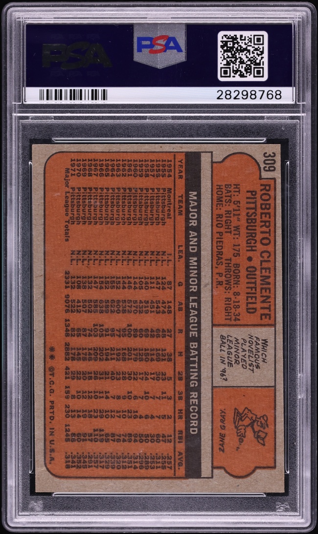 1972 Topps Roberto Clemente #309 PSA 8 NM-MT