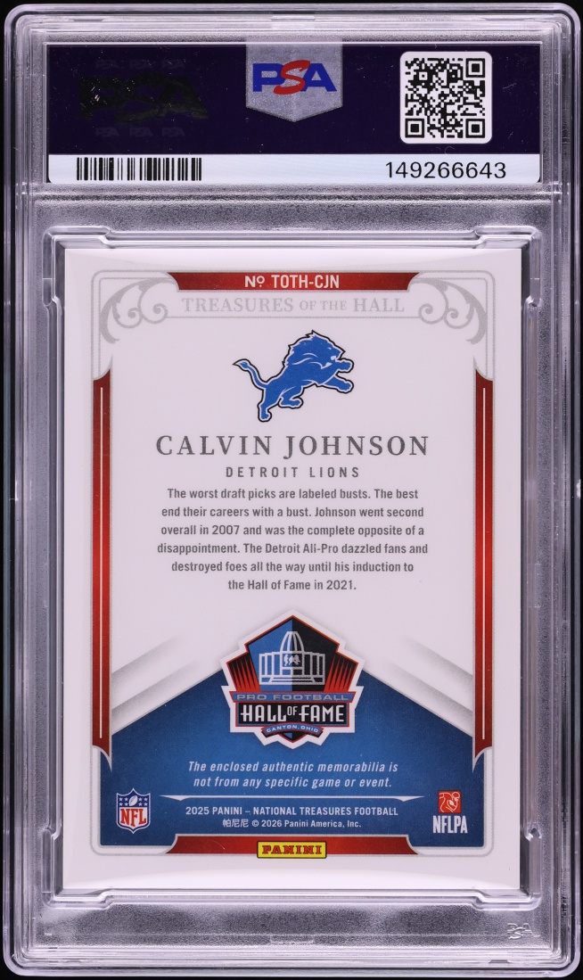 2025 National Treasures Of The Hall Silver Calvin Johnson PATCH /10 #TOTH-CJN PSA 10 GEM MINT
