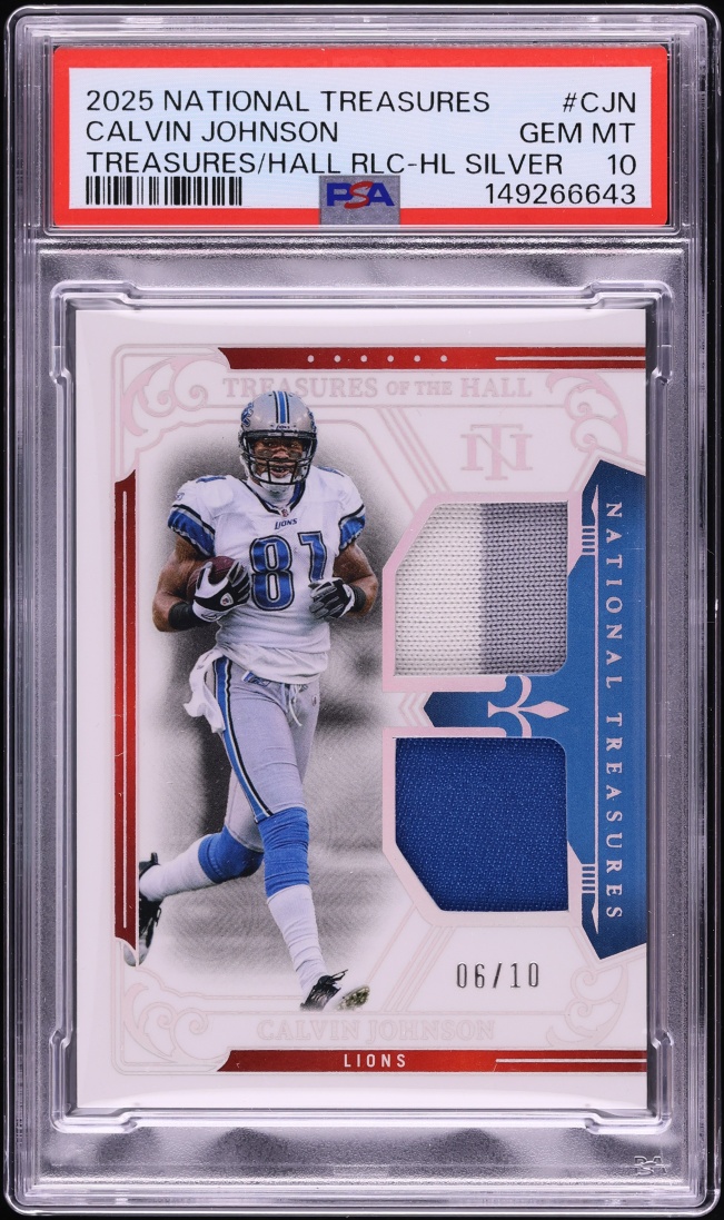 2025 National Treasures Of The Hall Silver Calvin Johnson PATCH /10 #TOTH-CJN PSA 10 GEM MINT