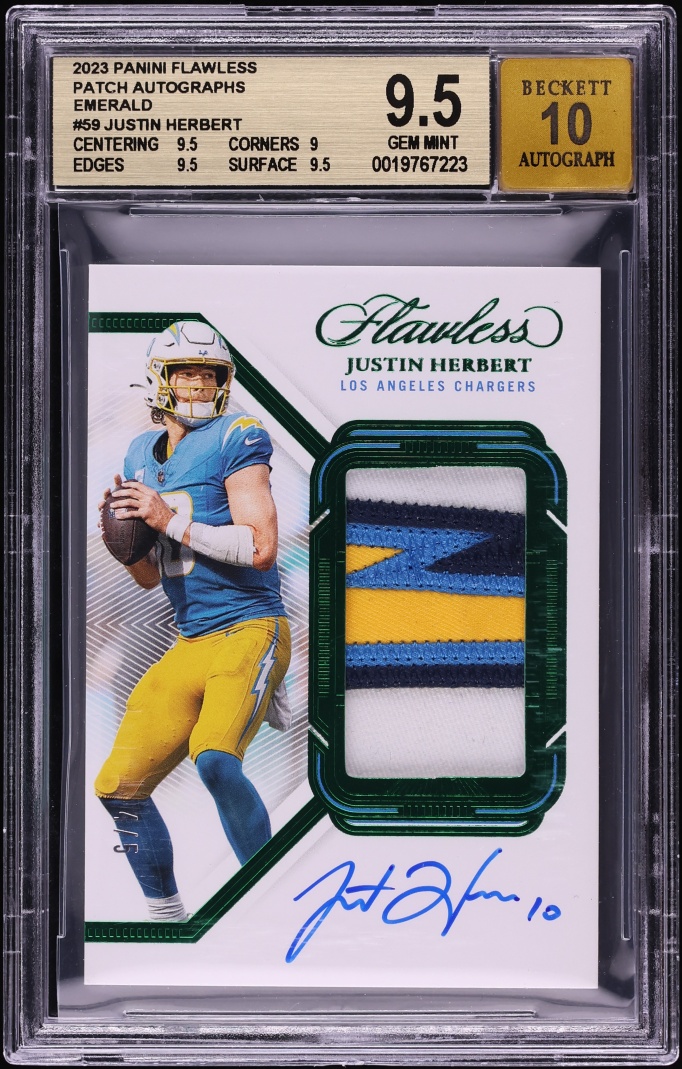 2023 Panini Flawless Emerald Justin Herbert PATCH AUTO /5 #PA-JHE BGS 9.5 GEM MINT