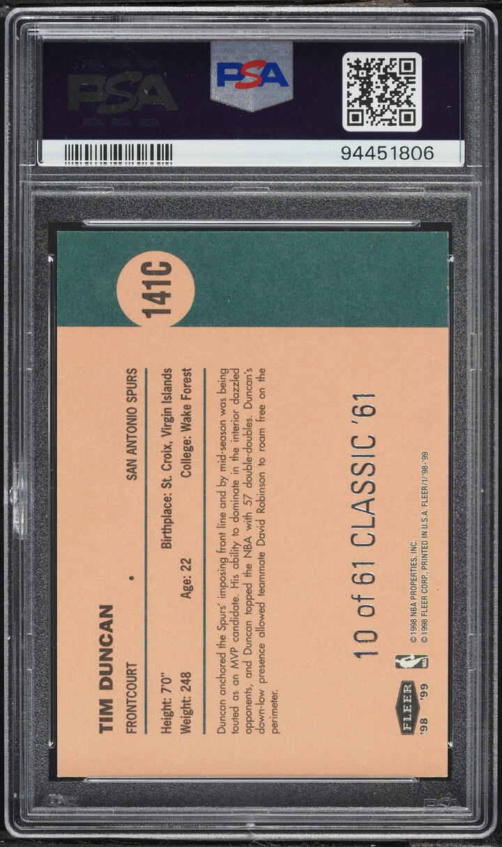 1998 Fleer Classic '61 Tim Duncan /61 #141C PSA 7 NRMT - Photo 2