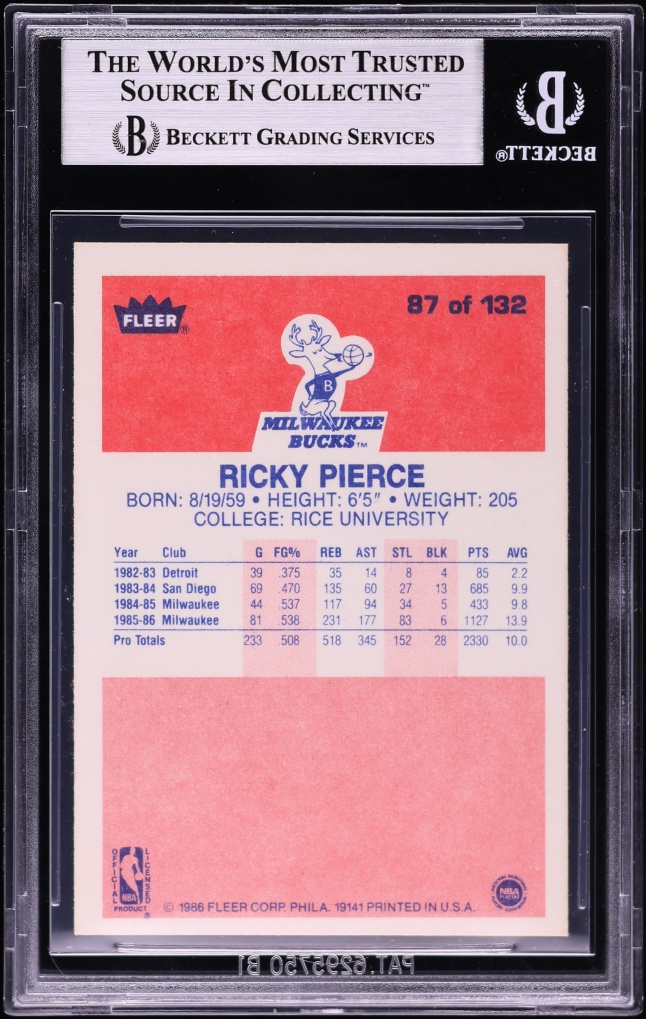 1986 Fleer Basketball Ricky Pierce ROOKIE #87 BGS 8 NM-MT