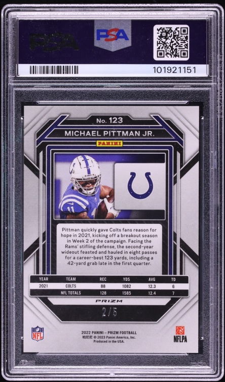 2022 Panini Prizm Gold Vinyl Michael Pittman Jr. /5 #123 PSA 10 GEM MINT - Photo 2
