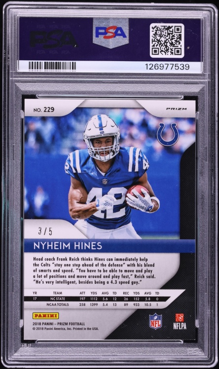 2018 Panini Prizm Gold Vinyl Nyheim Hines ROOKIE /5 #229 PSA 9 MINT - Photo 2