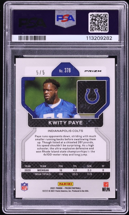 2021 Panini Prizm Gold Vinyl Kwity Paye ROOKIE 5/5 #378 PSA 9 MINT - Photo 2