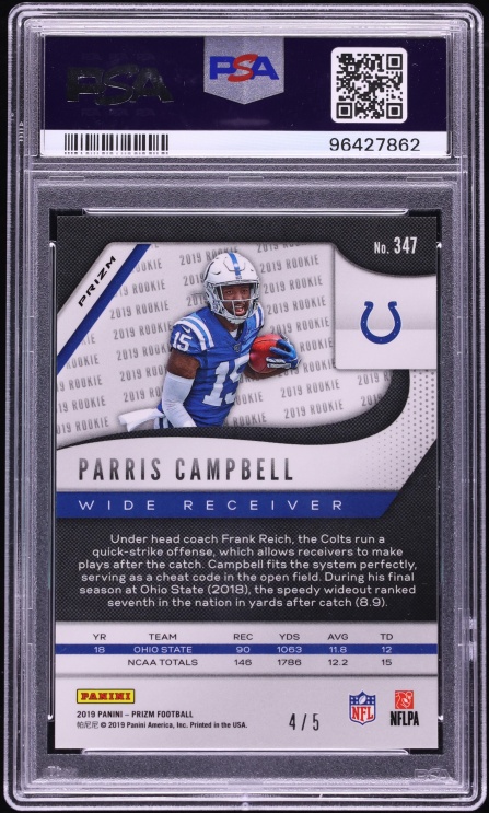 2019 Panini Prizm Gold Vinyl Parris Campbell ROOKIE /5 #347 PSA 10 GEM MINT - Photo 2