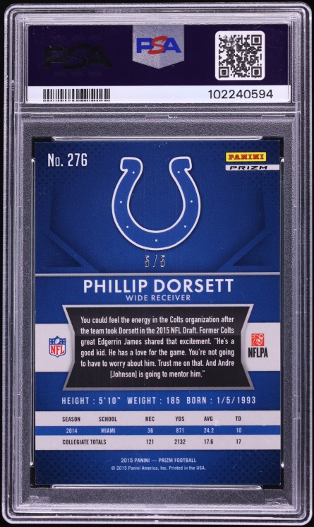 2015 Panini Prizm Gold Vinyl Phillip Dorsett ROOKIE 5/5 #276 PSA 9 MINT - Photo 2