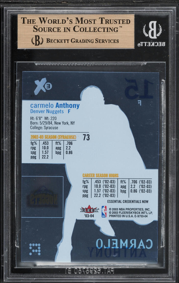 2003 Fleer E-X Essential Credentials Now Carmelo Anthony ROOKIE /73 #73 BGS 9.5 GEM MINT - Photo 2