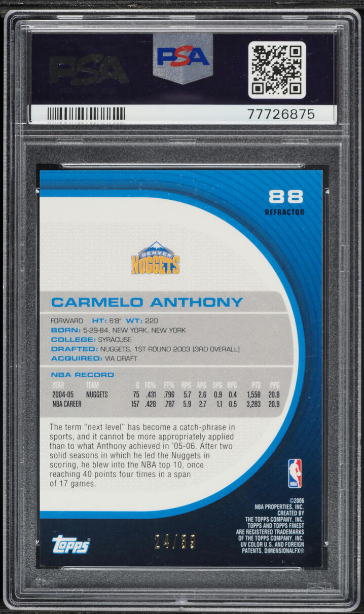 2005 Finest Gold Refractor Carmelo Anthony /39 #88 PSA 8 NM-MT - Photo 2