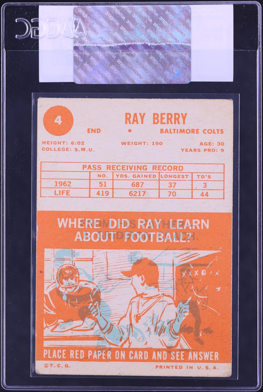 1963 Topps Football Raymond Berry #4 CGC AUTH