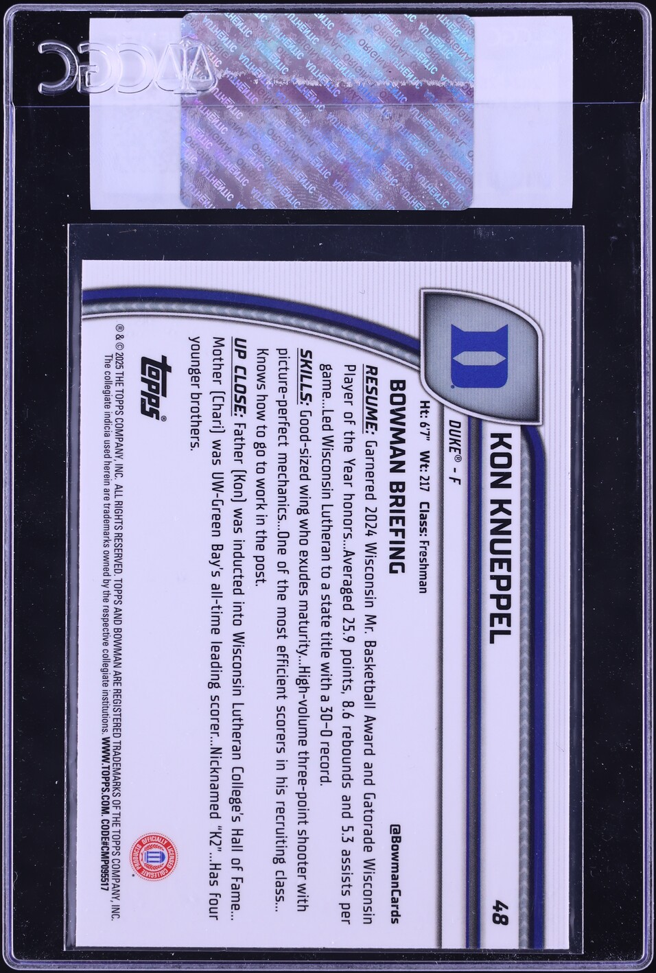 2024 Bowman Chrome University Kon Knueppel ROOKIE #48 CGC AUTH