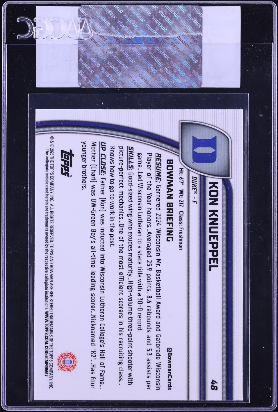 2024 Bowman Chrome University Kon Knueppel ROOKIE #48 CGC AUTH